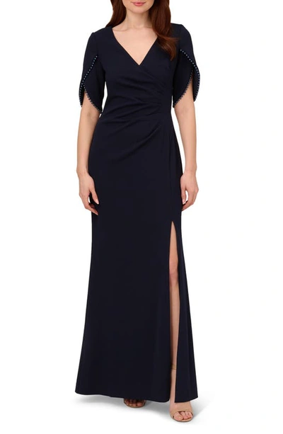 Shop Adrianna Papell Imitation Pearl Trim Crepe Gown In Midnight