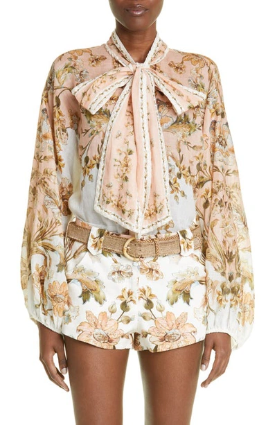 Shop Zimmermann Chintz Floral Tie Neck Blouse In Pink Daisy Floral