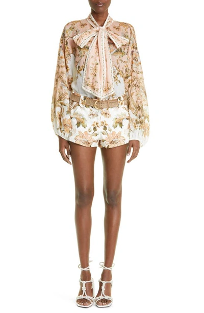 Shop Zimmermann Chintz Floral Tie Neck Blouse In Pink Daisy Floral