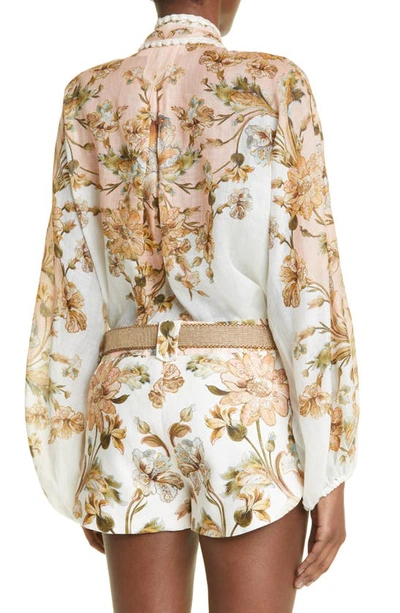 Shop Zimmermann Chintz Floral Tie Neck Blouse In Pink Daisy Floral