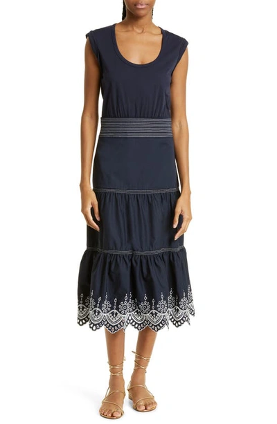 Shop Veronica Beard Amaia Eyelet Detail Tiered Cotton Dress In Navy/ Pearl