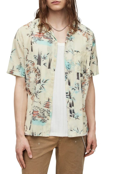 Shop Allsaints Tagise Relaxed Fit Tiger Print Short Sleeve Cotton Button-up Shirt In Cala White