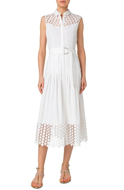 Akris Punto Cotton Gabardine Belted Midi Dress With Kaleidoscope Dot Guipure Panels In 011 Cream