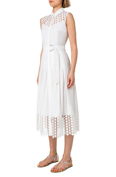Akris Punto Cotton Gabardine Belted Midi Dress With Kaleidoscope Dot Guipure Panels In 011 Cream