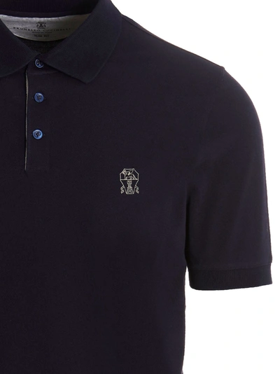 Shop Brunello Cucinelli Logo Print Polo Shirt In Blue