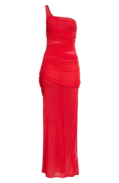 Shop Gauge81 Moni One-shoulder Mesh Maxi Dress In Scarlet