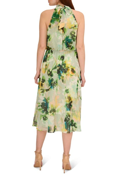 Shop Adrianna Papell Floral High Neck Chiffon Midi Dress In Green Multi