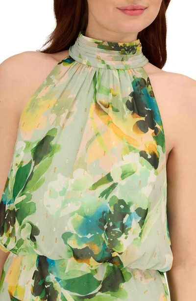 Shop Adrianna Papell Floral High Neck Chiffon Midi Dress In Green Multi
