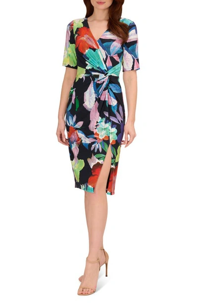 Shop Adrianna Papell Floral Twist Front Jersey Sheath Dress In Dark Navy Multi