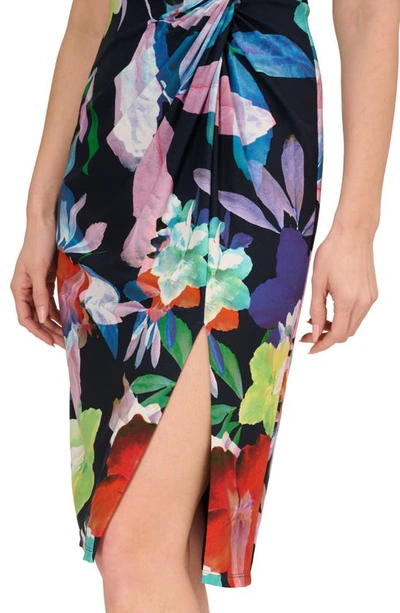 Shop Adrianna Papell Floral Twist Front Jersey Sheath Dress In Dark Navy Multi