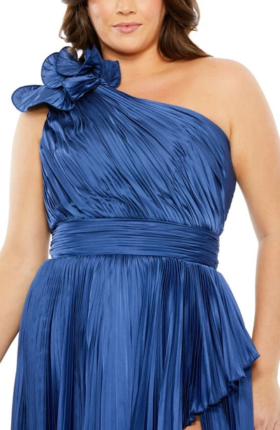 Shop Fabulouss By Mac Duggal Rosette One-shoulder Pleated Gown In Sapphire