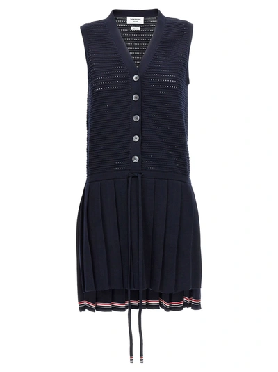 Shop Thom Browne Openwork Dress With Pleated Skirt Dresses Blue