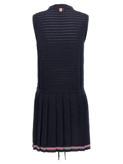 Shop Thom Browne Openwork Dress With Pleated Skirt Dresses Blue