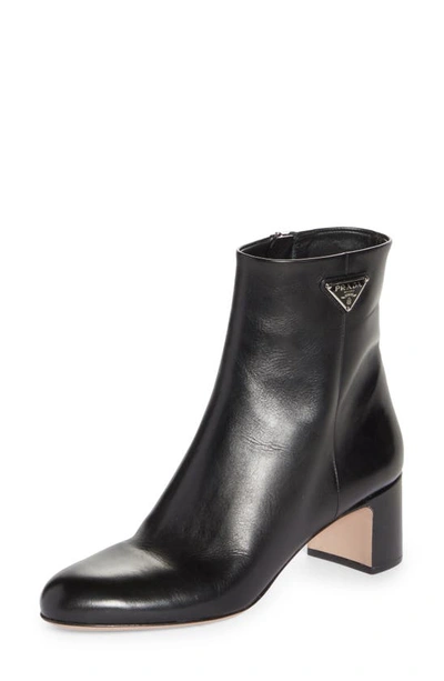 Shop Prada Logo Block Heel Bootie In Black