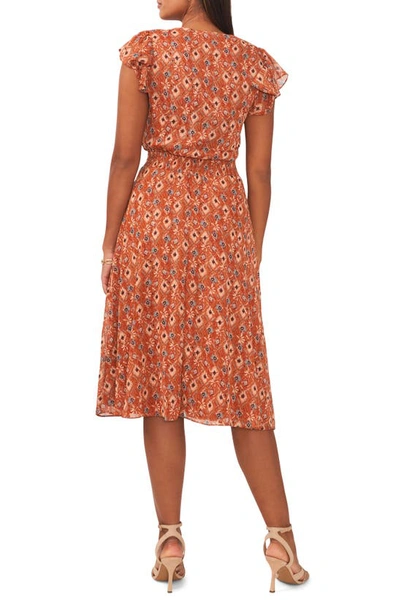 Chaus Tile Print Smock Waist Flutter Sleeve Midi Dress In Rust/ Sky Blue 237