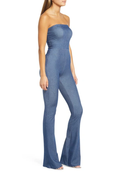 Naked Wardrobe Strapless Bootcut Stretch Cotton Jumpsuit In Denim