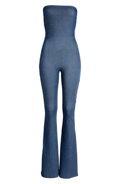 Naked Wardrobe Strapless Bootcut Stretch Cotton Jumpsuit In Denim
