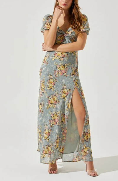 Shop Astr Sweetheart Neck Maxi Dress In Slate Blue Yellow Floral
