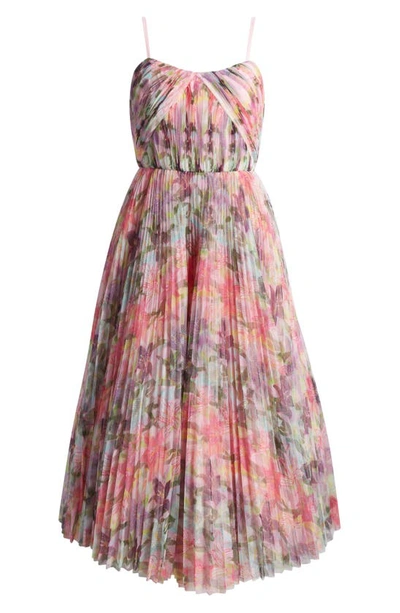 Hutch Vita Floral Pleated Tulle A-line Gown In Pink Laughing Lillies Tulle