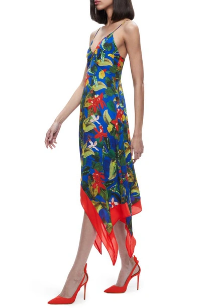 Shop Alice And Olivia Kayson Floral Handkerchief Hem Cotton Dress In Tropical Sunrise Sapphire