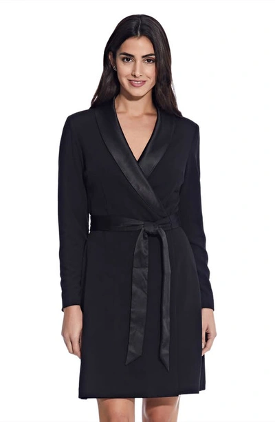 Adrianna Papell Tux Long Sleeve Crepe Faux Wrap Dress In Black