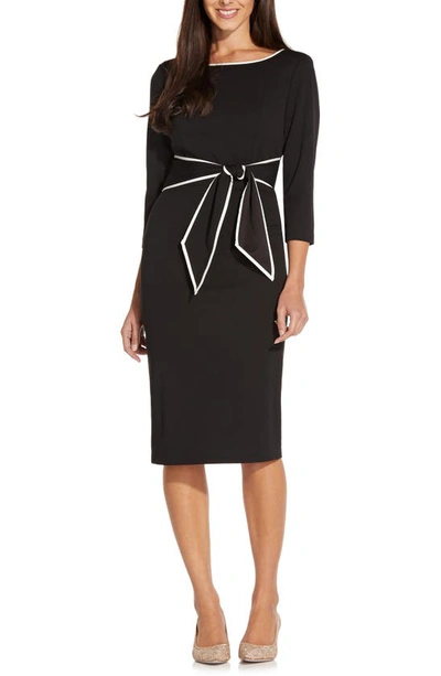 Shop Adrianna Papell Tipped Three-quarter Sleeve Crepe Dress In Black/ Ivory