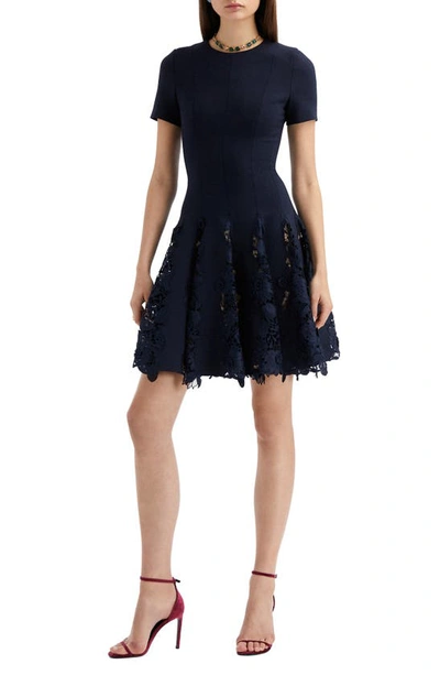 Shop Oscar De La Renta Water Lily Guipure Lace Detail Virgin Wool Blend Dress In Navy