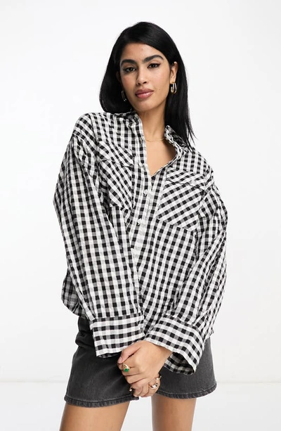 Shop Asos Design Oversize Gingham Cotton Button-up Shirt In Black Multi