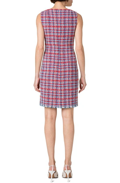 Shop Akris Punto Fringed Tweed Sheath Dress In Red-blue Denim-multi