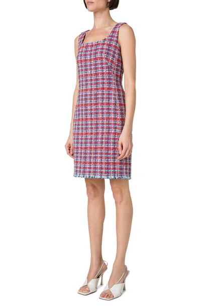 Shop Akris Punto Fringed Tweed Sheath Dress In Red-blue Denim-multi