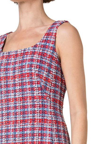 Shop Akris Punto Fringed Tweed Sheath Dress In Red-blue Denim-multi