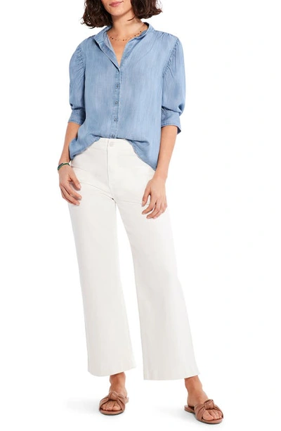 Shop Nic + Zoe Puff Sleeve Button Front Denim Blouse In Mineral