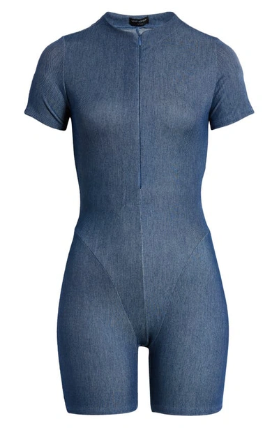 Naked Wardrobe Front Zip Denim Romper In Denim