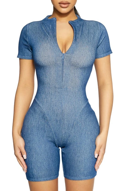 Naked Wardrobe Front Zip Denim Romper In Denim