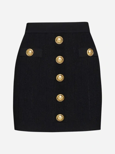 Shop Balmain Buttoned Viscose-knit Miniskirt In Black