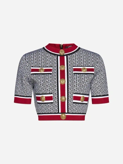 Shop Balmain Monogram Knit Cropped Top In Black,white,red