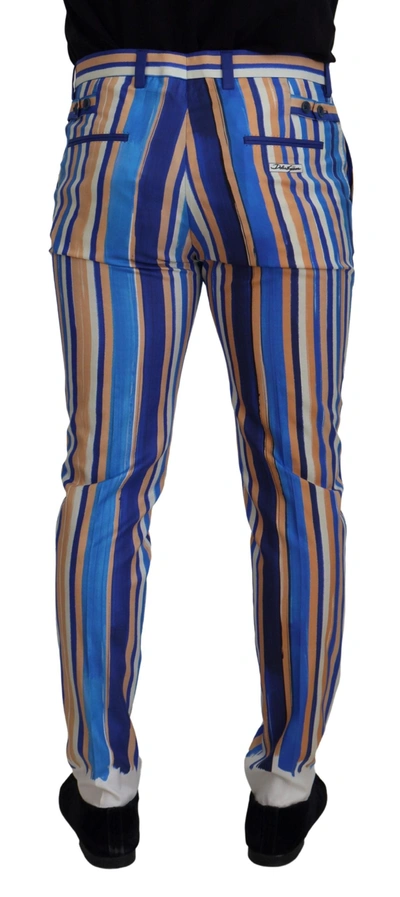 Shop Dolce & Gabbana Blue Striped Silk Cotton Slim Trousers Men's Pants
