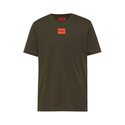 Shop Hugo Regular-fit Cotton T-shirt With Red Logo Label In Green