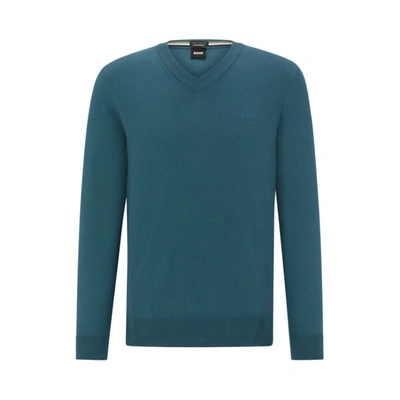 Shop Hugo Boss V-neck Sweater In Cotton With Embroidered Logo In Blue