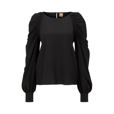 Shop Hugo Boss Regular-fit Silk Top With Ruched Sleeves In Black