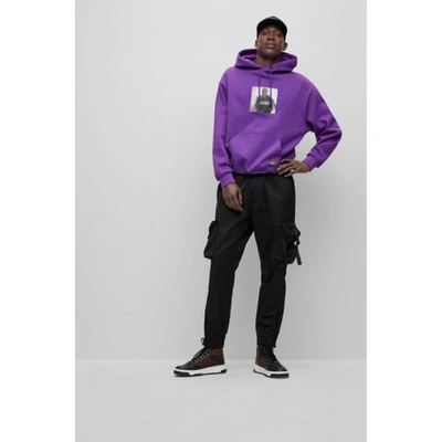 Shop Hugo Boss X Khaby Relaxed-fit Cotton-blend Hoodie With Lenticular Artwork In Purple