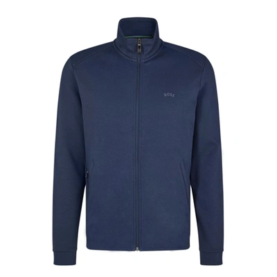Shop Hugo Boss Zip-up Sweatshirt In Organic Cotton With Curved Logo In Blue