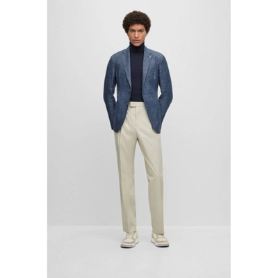 Shop Hugo Boss Slim-fit Jacket In Patterned Linen And Virgin Wool In Blue
