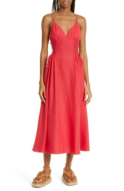Shop Farm Rio Side Laced Linen Blend Dress In Red