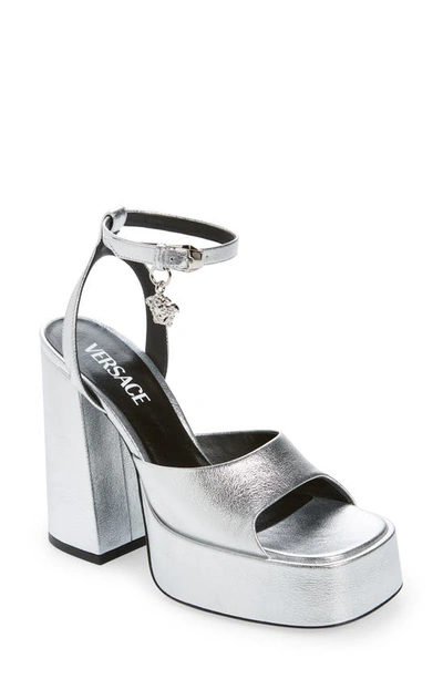 Shop Versace Medusa Ankle Strap Platform Sandal In Silver