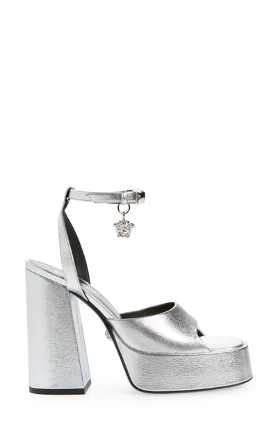 Shop Versace Medusa Ankle Strap Platform Sandal In Silver