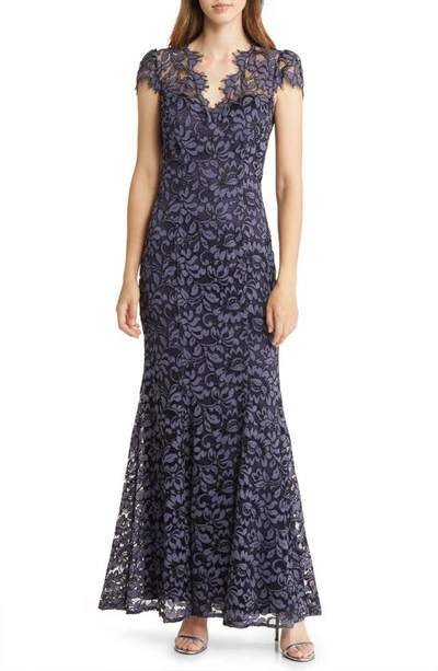 Shop Eliza J Illusion Cap Sleeve Gown In Navy