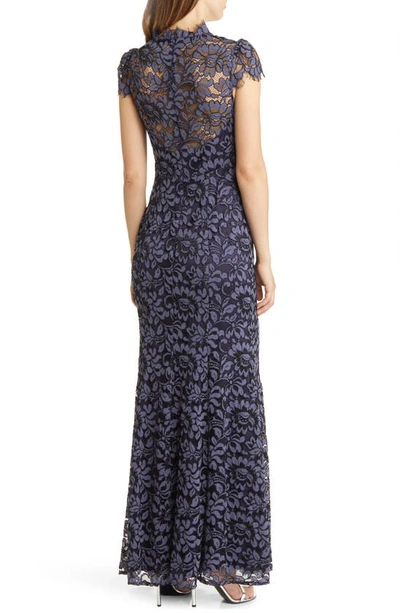 Shop Eliza J Illusion Cap Sleeve Gown In Navy