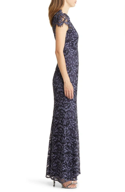 Shop Eliza J Illusion Cap Sleeve Gown In Navy