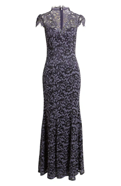 Shop Eliza J Illusion Cap Sleeve Gown In Navy